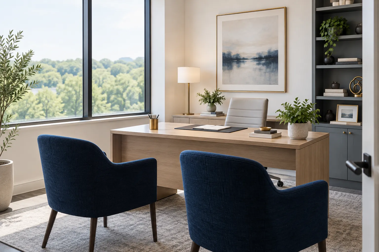 A bright advisory office with navy chairs and an oak desk