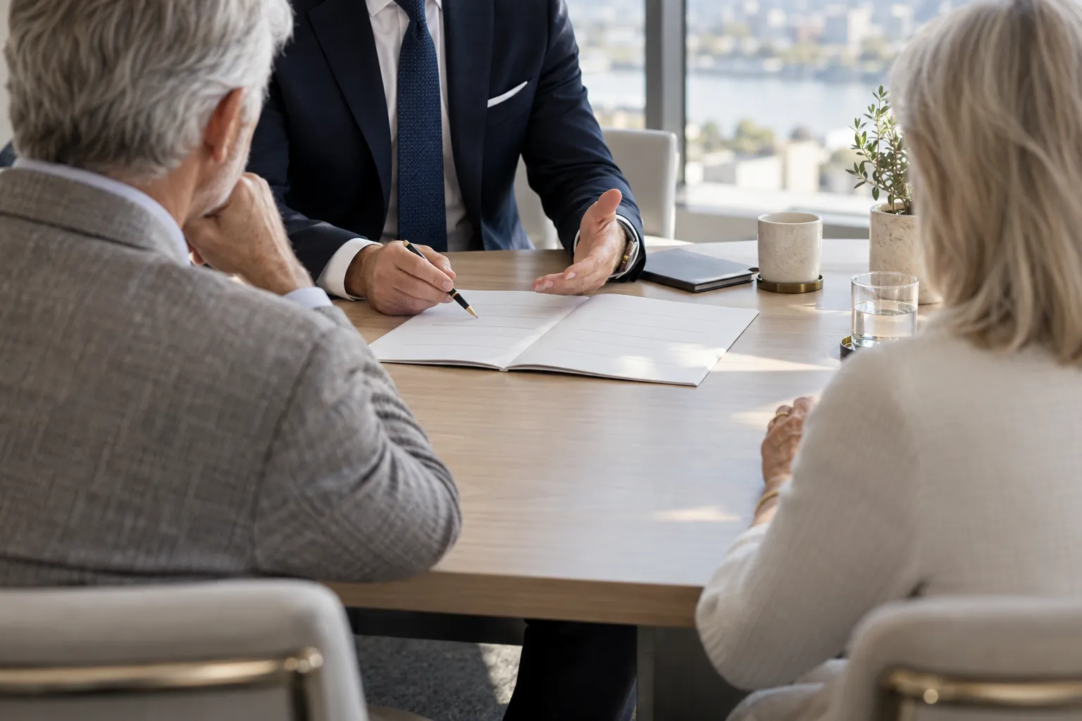 Two clients meeting with an advisor at a conference table