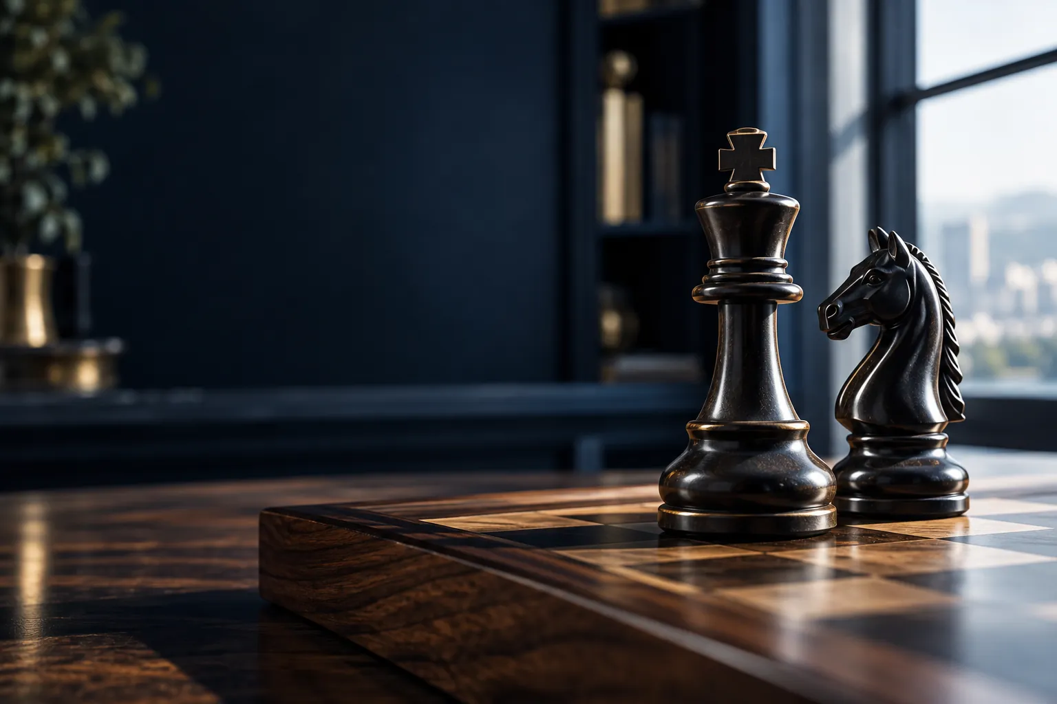 An ebony chess king and knight on a walnut board