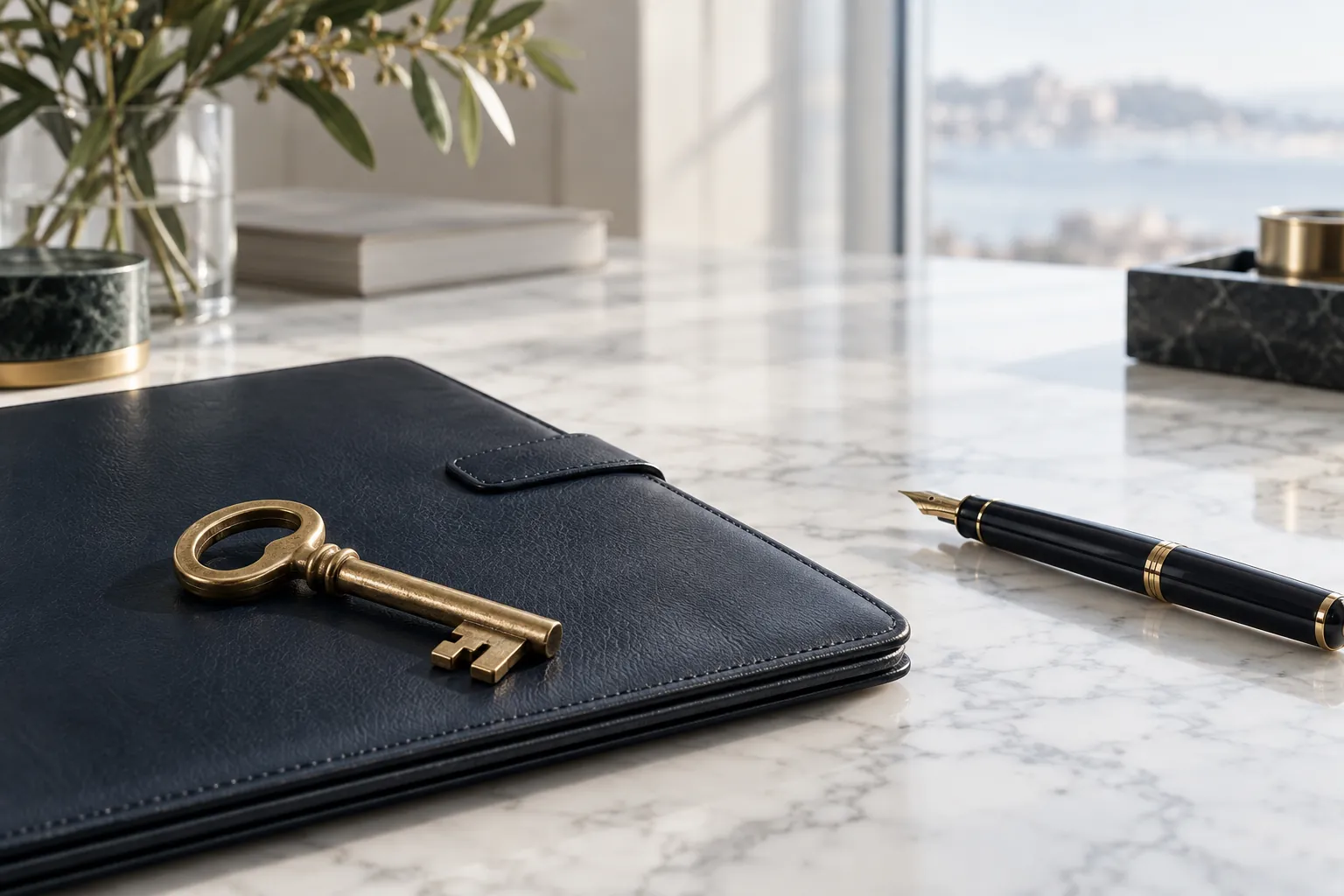 A navy leather portfolio and a brass key on a marble desk