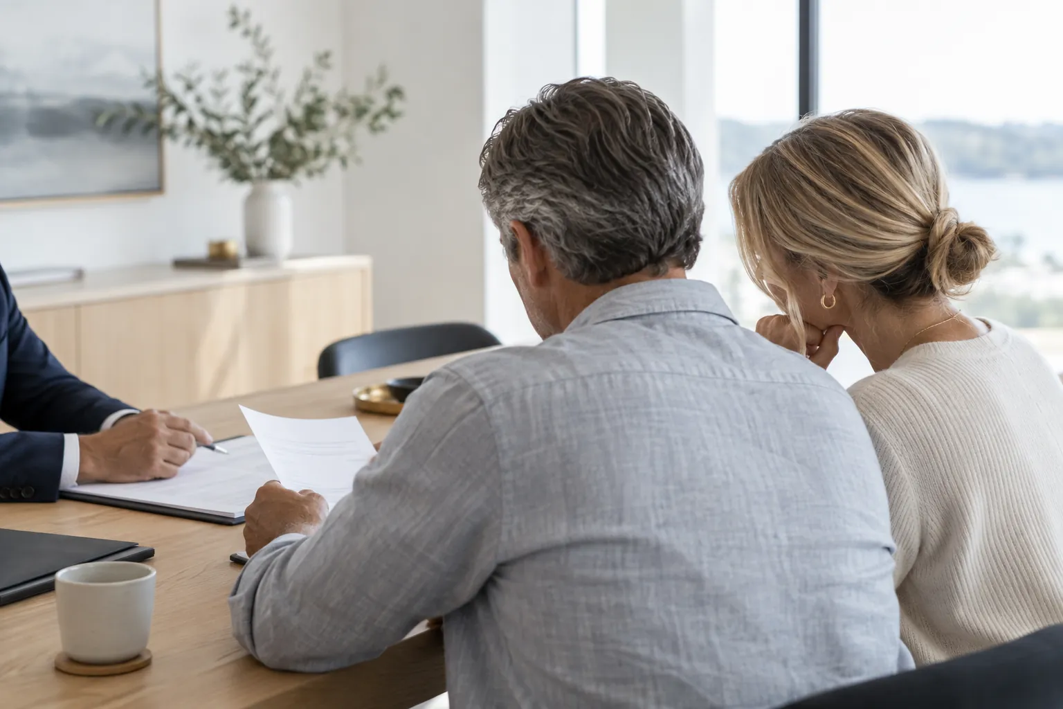A couple reviewing printed documents with an advisor
