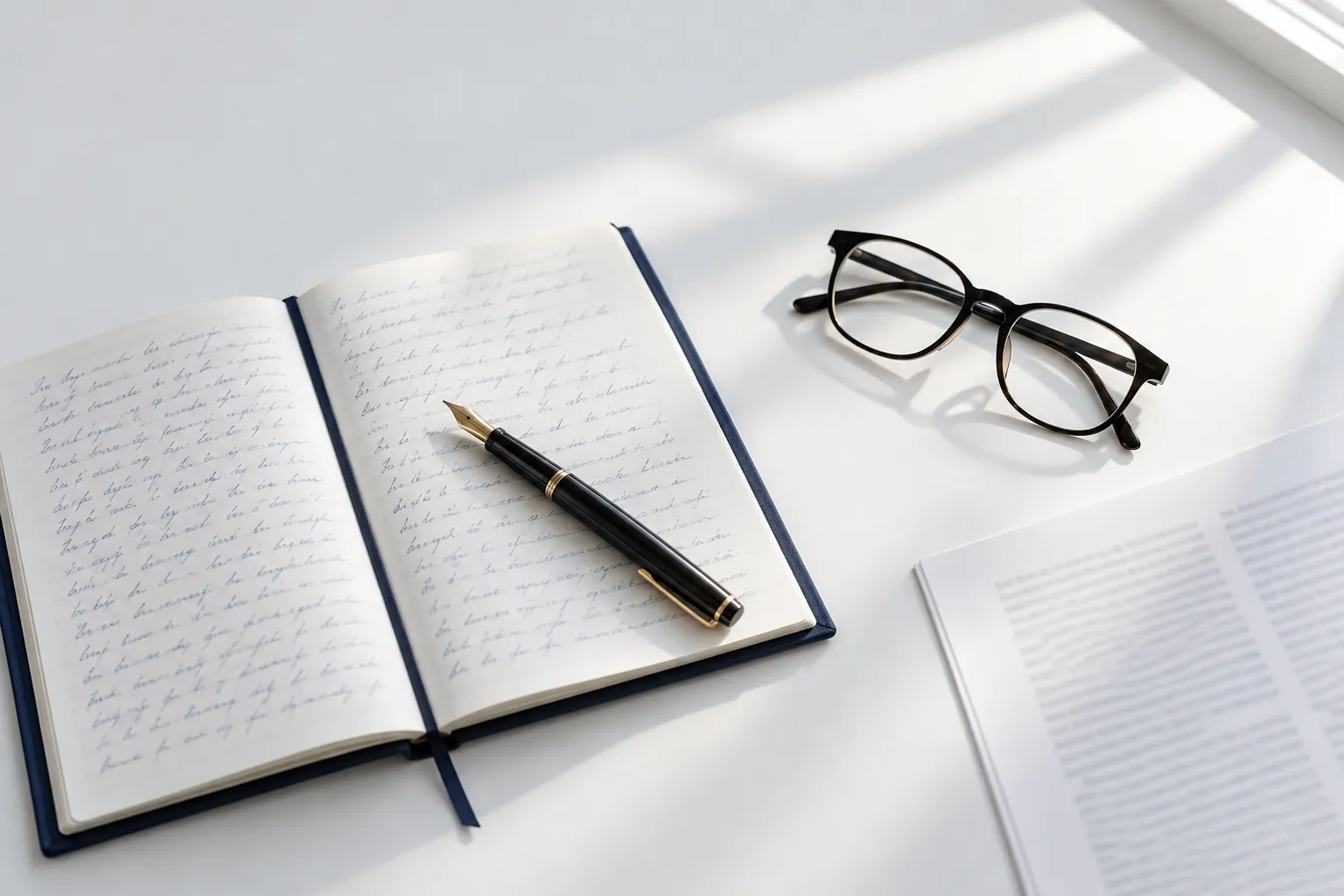 An open research notebook, fountain pen, and reading glasses on a desk
