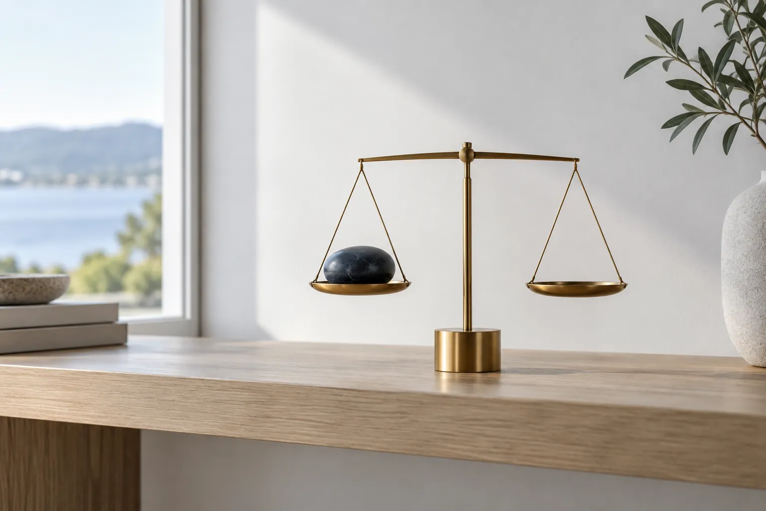 A dark stone balanced on a brass scale