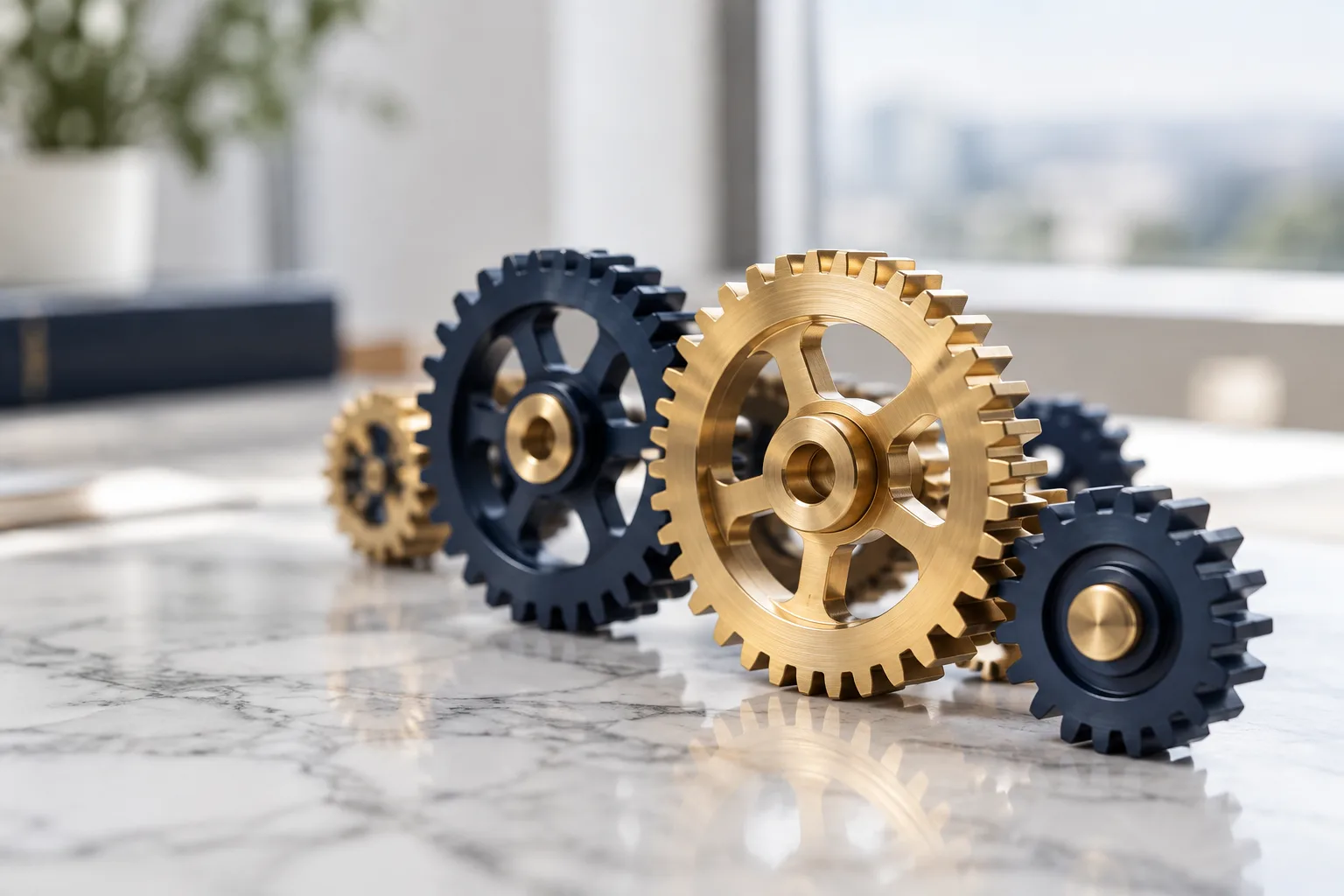 Brass and navy precision gears meshing on a white marble desk