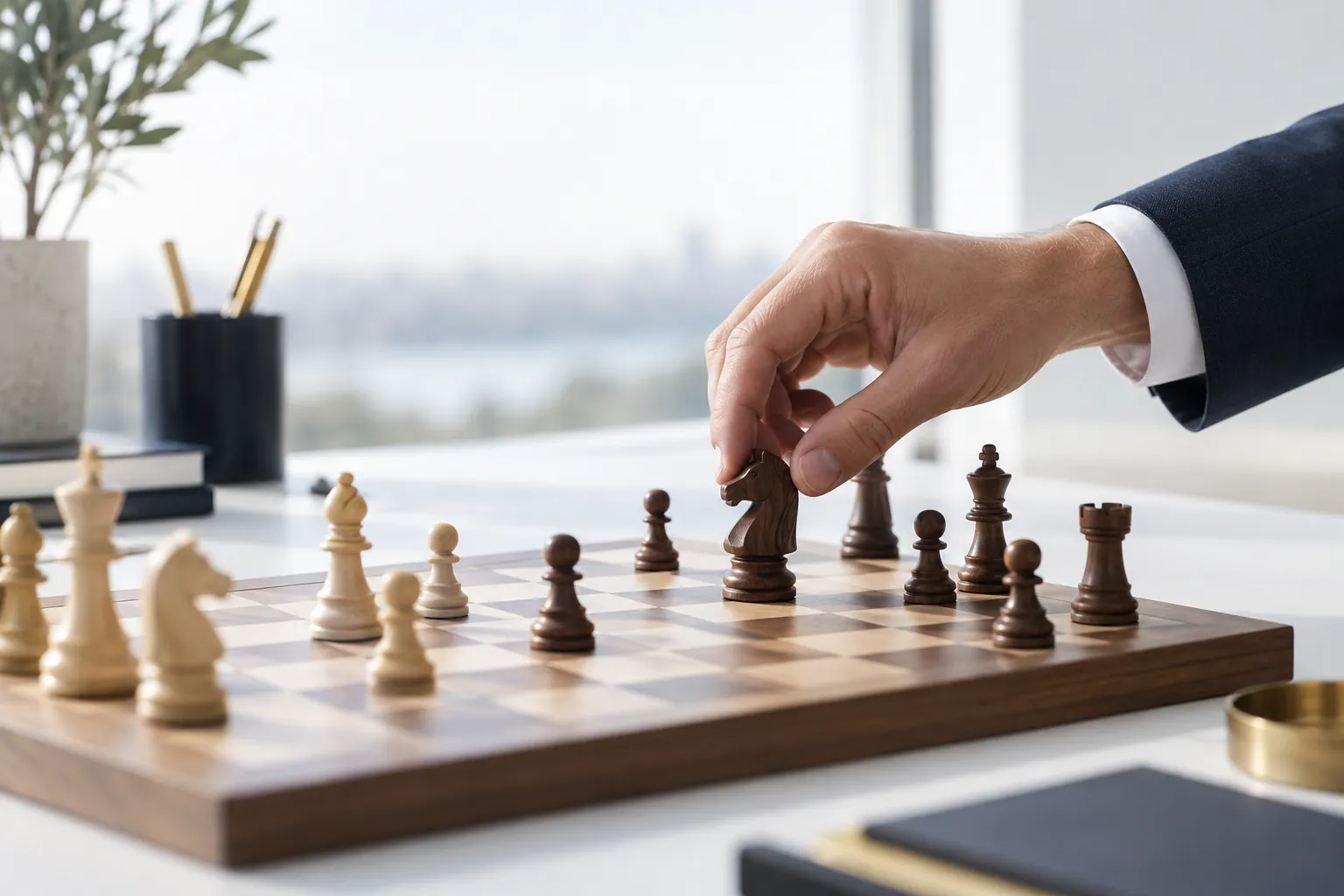 A hand moving a chess knight forward on a wooden board